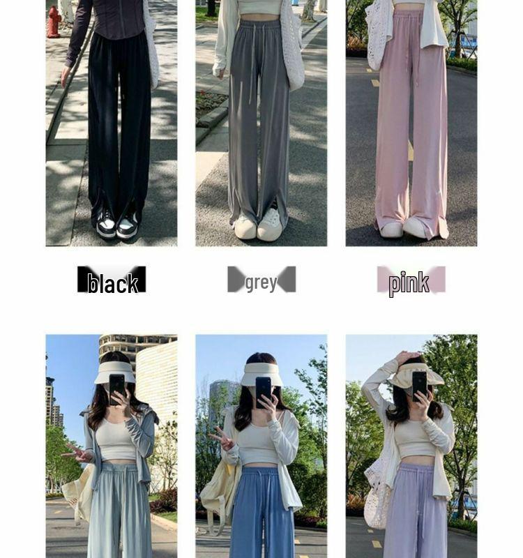 Plus Size Women's High-Waisted Wide-Leg Ice Silk Summer Pants with Split Drape and Sun Protection.
