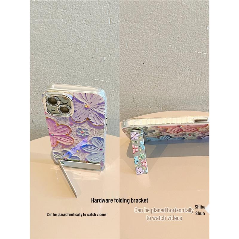 Blue Light Oil Painting Floral Phone Case for iPhone 16 Pro Max - Korean Style Fine Hole Feather Yarn Design