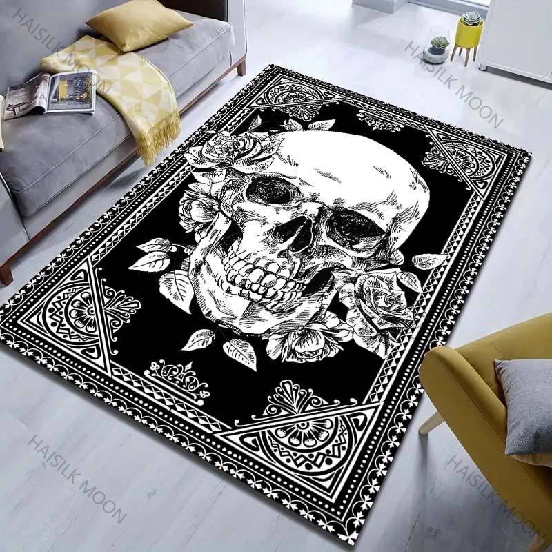 Black and White Skull Art Print Carpet for Living Room Bedroom Bedside Sofa Table Floor Mat Home Area Rug Decor Large Size