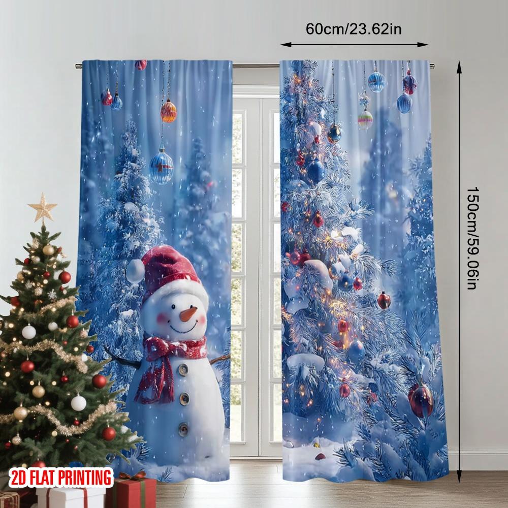 2pcs 2D Flat Printing Merry Christmas Trendy Curtains Christmas Winter Snowman Tree Snowflakes Lovely Blue White Digital Printed