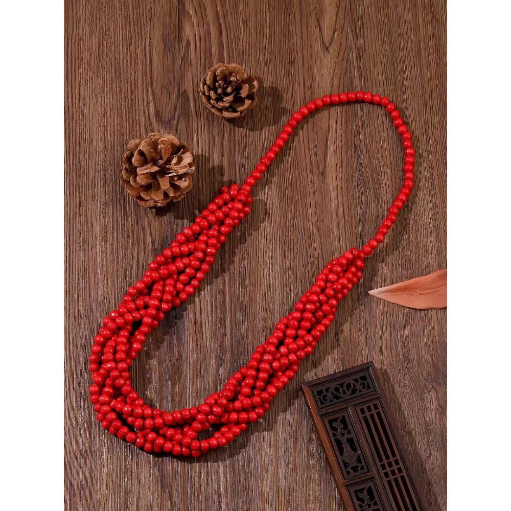 Vintage Ethnic Bohemian Beaded Necklace Long Statement Pendant with Red Wooden Beads and Coconut Shell Handmade Craftsmanship for Layering