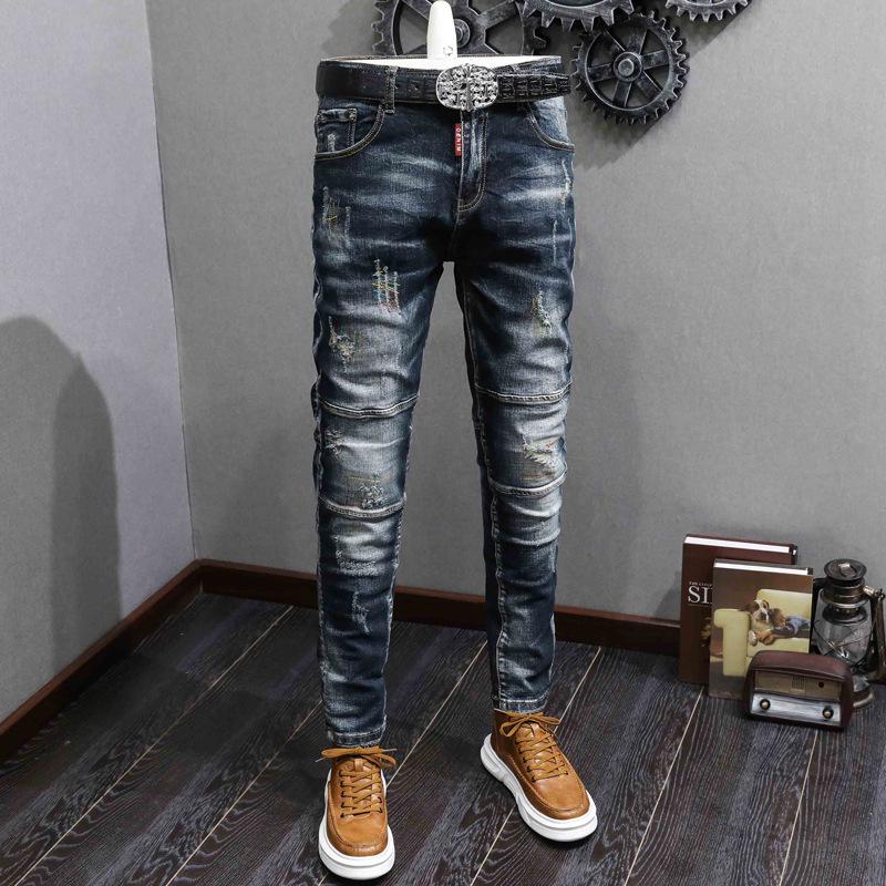 Men's Slim Fit Jeans - Vintage Washed Blue & Black with Embroidery, European & American Street Style