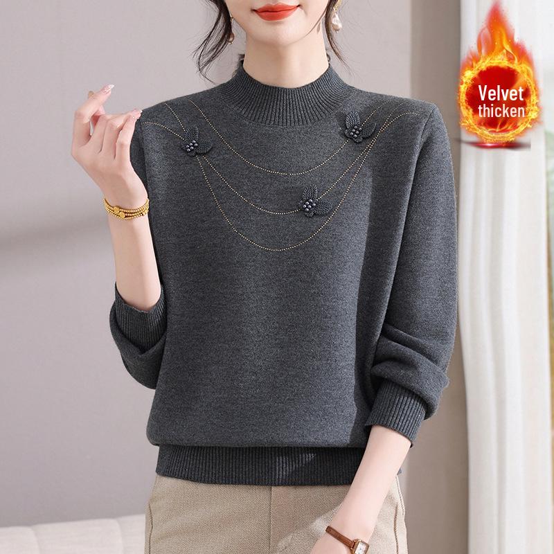 Women's Winter Half-High Neck Sweater for Middle-Aged and Elderly, Autumn/Winter Knitted Pullover