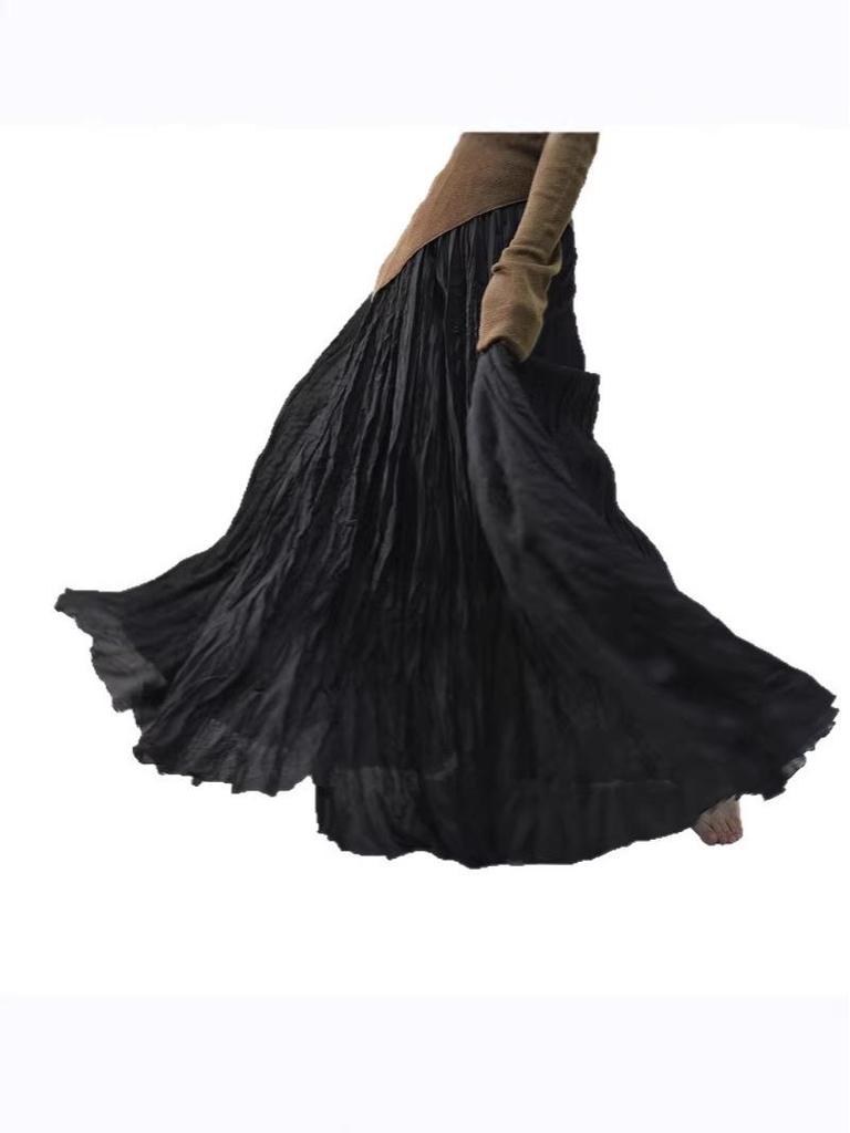 Autumn Plus Size Women's A-line Skirt - Pleated Forest Style, Cotton-Linen Texture, High Waist, Slimming, Long Hem
