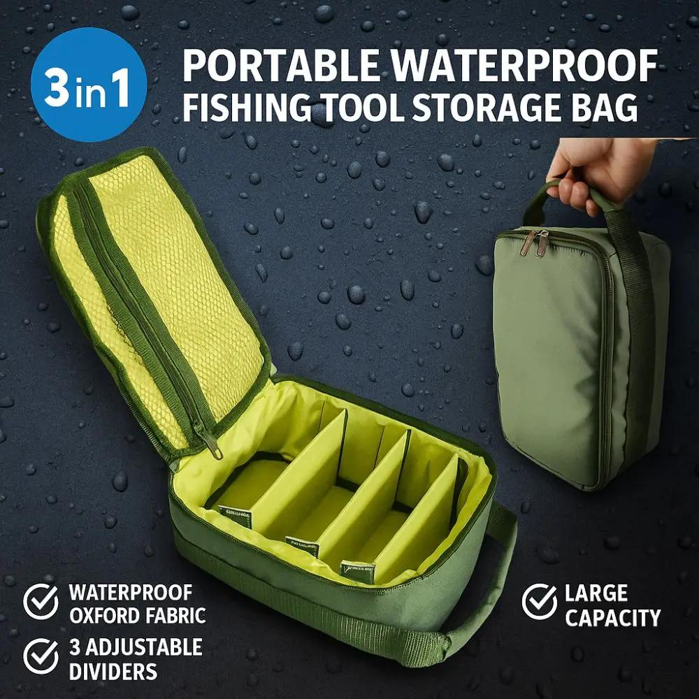 3-in-1 Fishing Tackle Bag Portable Waterproof Fishing Reel Storage Bag 3 Adjustable Dividers Oxford Cloth