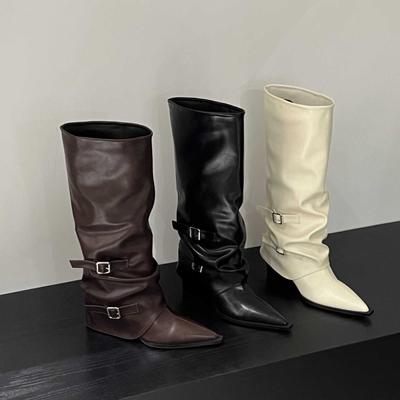 Fashion High-Tube Long Boots Women's Faionable Retro Belted Pointed Toe Booties Spring Autumn PU Leather Cotton Lined Rubber 2025