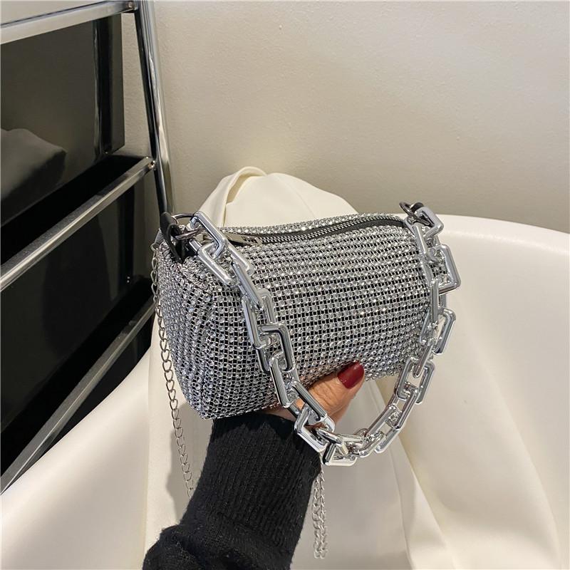 Bøtteveske med strass overalt, Glitterkjede ballveske, Mini crossbody-veske for kvinner
