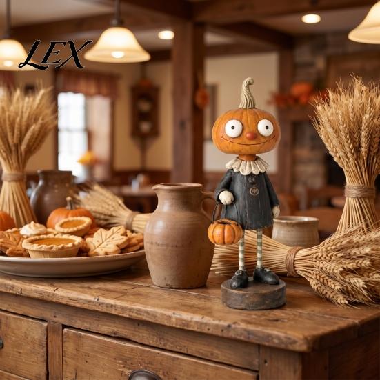 Cartoon Humanoid Desktop Statues Halloween Pumpkin/Skeleton Figurine, Resin Ornament, Retro Rustic Ornament Set Statue for Autumn Harvest Thanksgiving