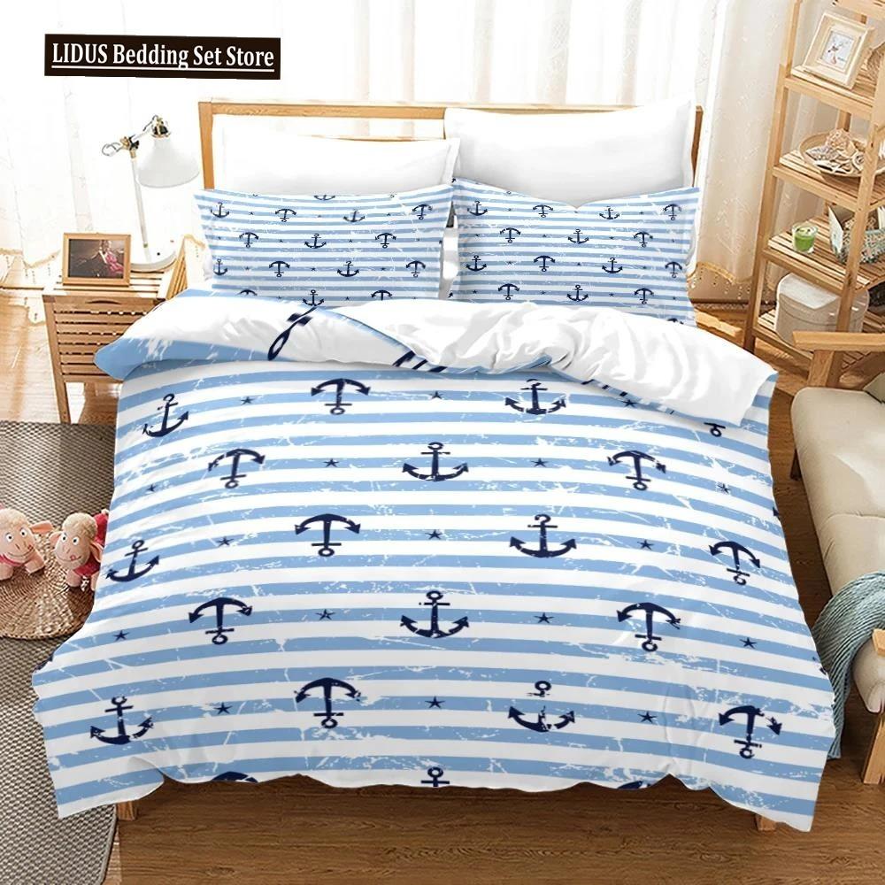 Nautical Bedding Set Ocean Anchor Duvet Cover Sailor Pirate Sea Adventure Bedspread For Kids Boys Navy Blue