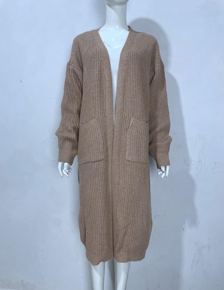 Solid Color Women's Knitted Mid-length Cardigan with Pockets