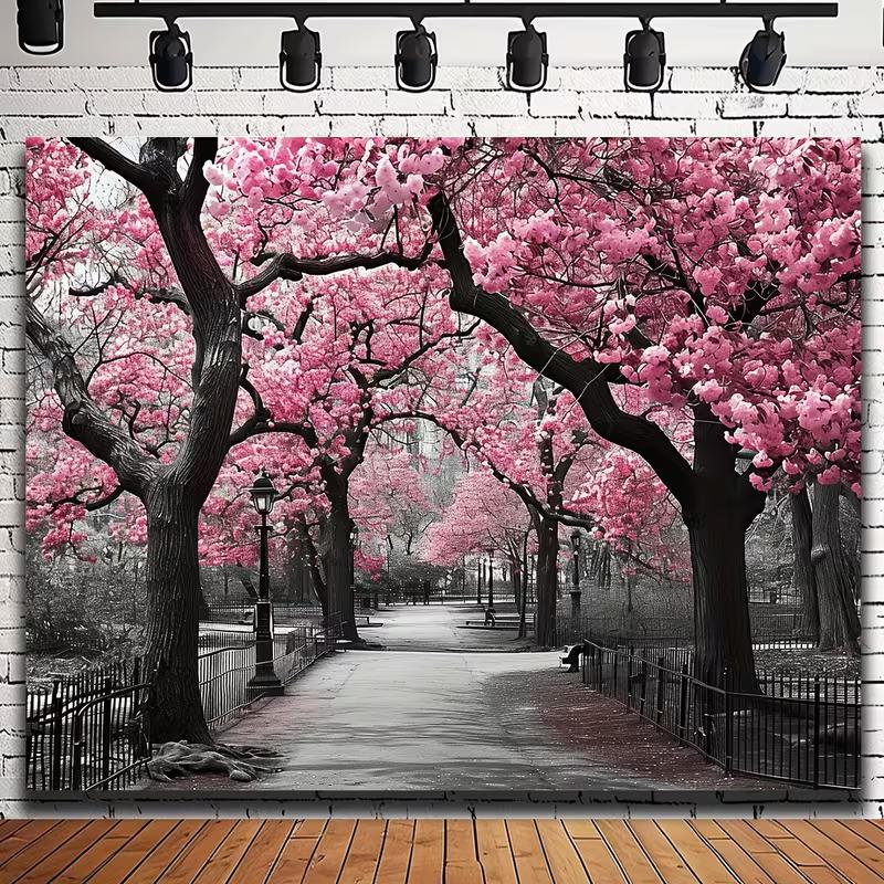 

2D Artistic Spring Tapestry, 2D Flat Printing Pink Cherry Blossom Park Background Cloth for Studio 47.2x31.5inch/120*80cm