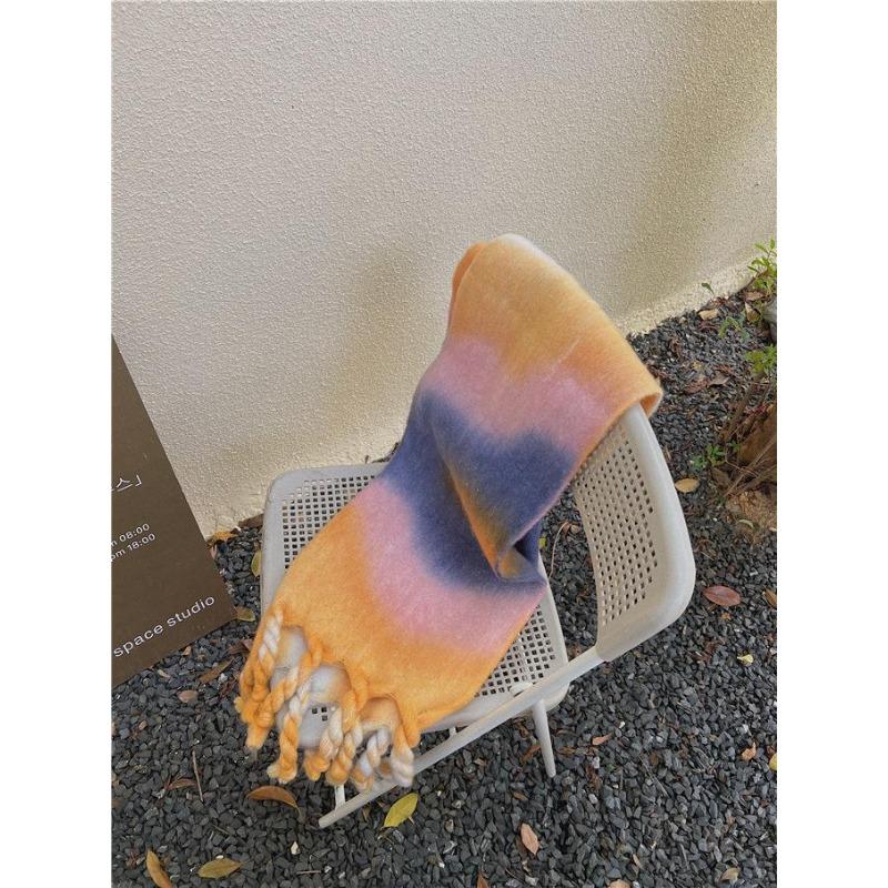 

Big lazy wind! Mohair blended thick braids gradual change pink scarf women s winter warm long scarf жёлтый