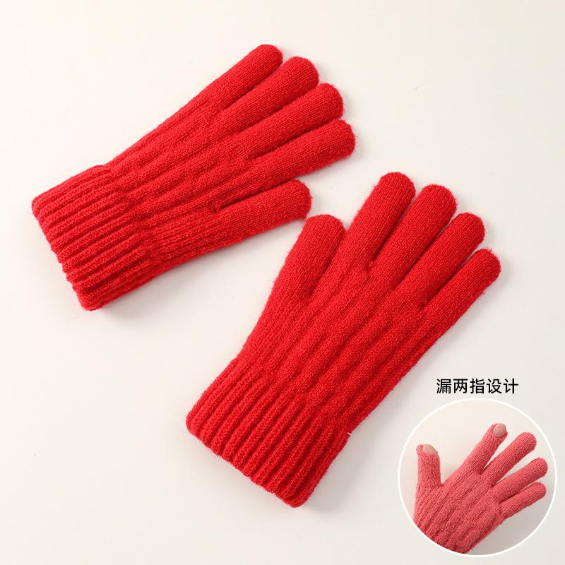 Solid color leaky two-finger knitted thickened brushed fleece warm and cold-proof women's winter outdoor wool student gloves
