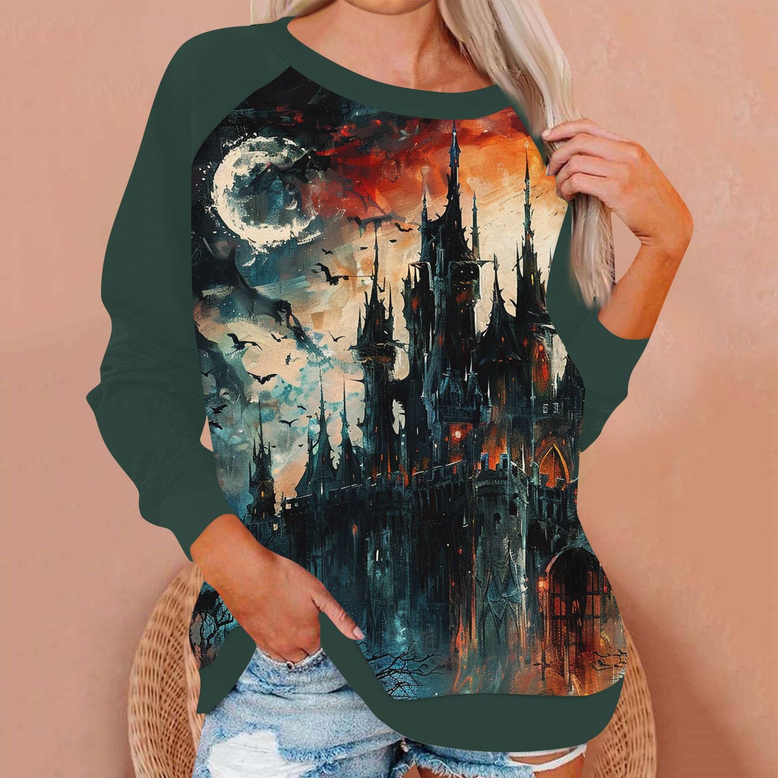 

Топы для женщин Женская мода Повседневный круглый вырез длинный рукав Хэллоуин Принт рукав реглан Толстовка Топ Ropa Para Mujer L