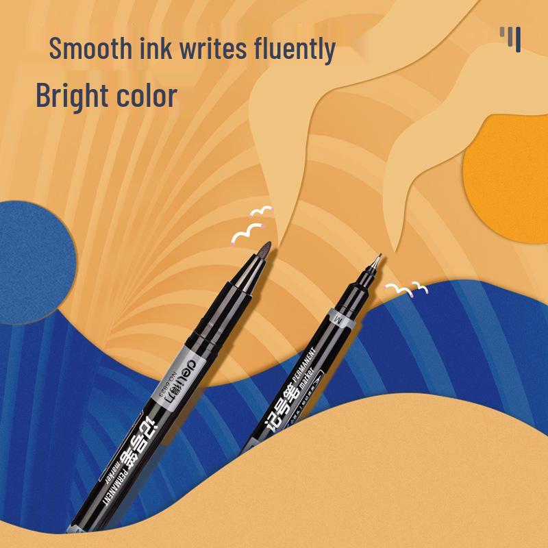 Deli Quick-Drying Waterproof Fineliner Marker, Double Tip (Fine & Broad) - Black, Ideal for Elementary Students' Drawing and Outlining.