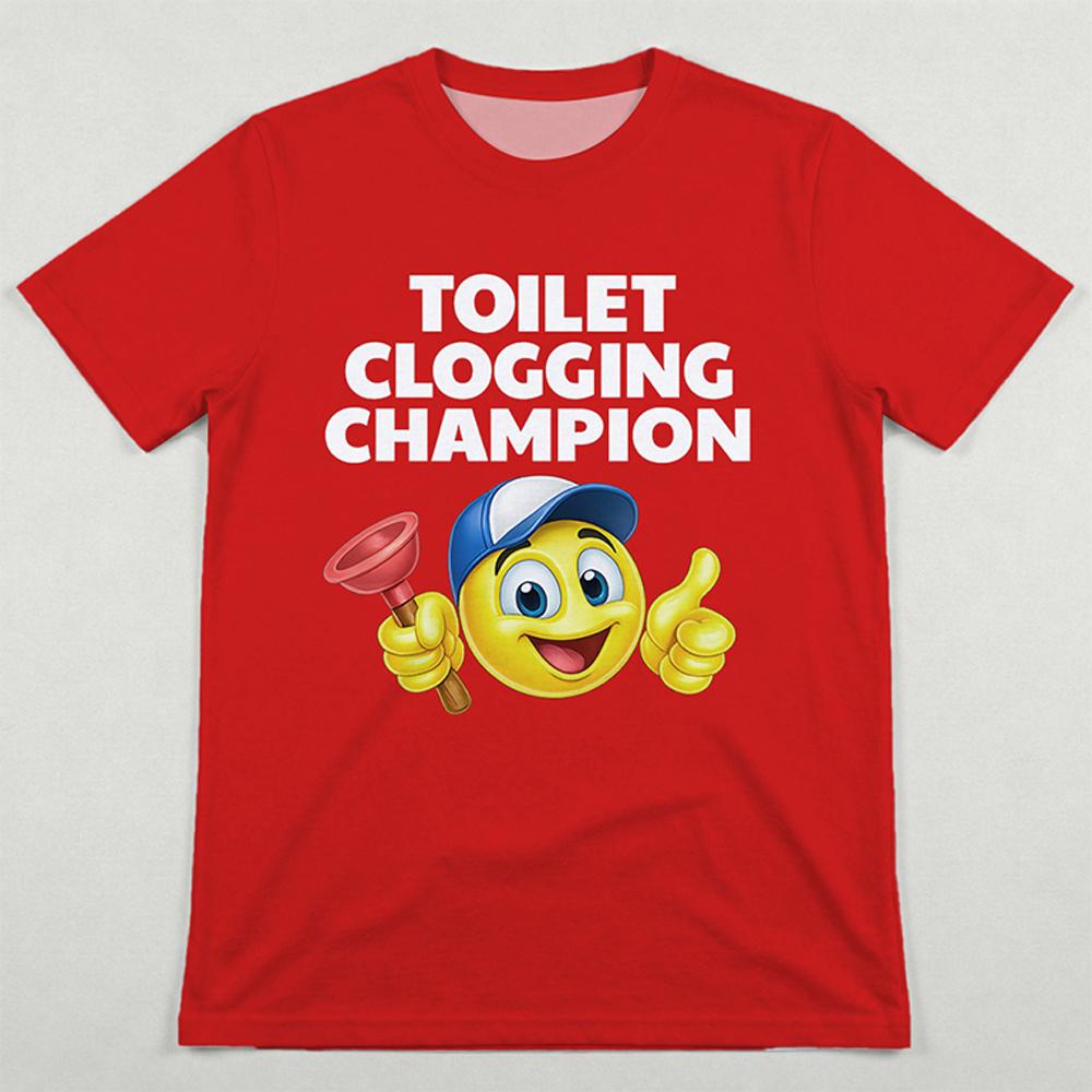 Funny Toilet Clogging Champion Emoji Tshirt Street Humor Casual ShortSleeve Top Mens And Womens Party Fun Crew Neck Tee