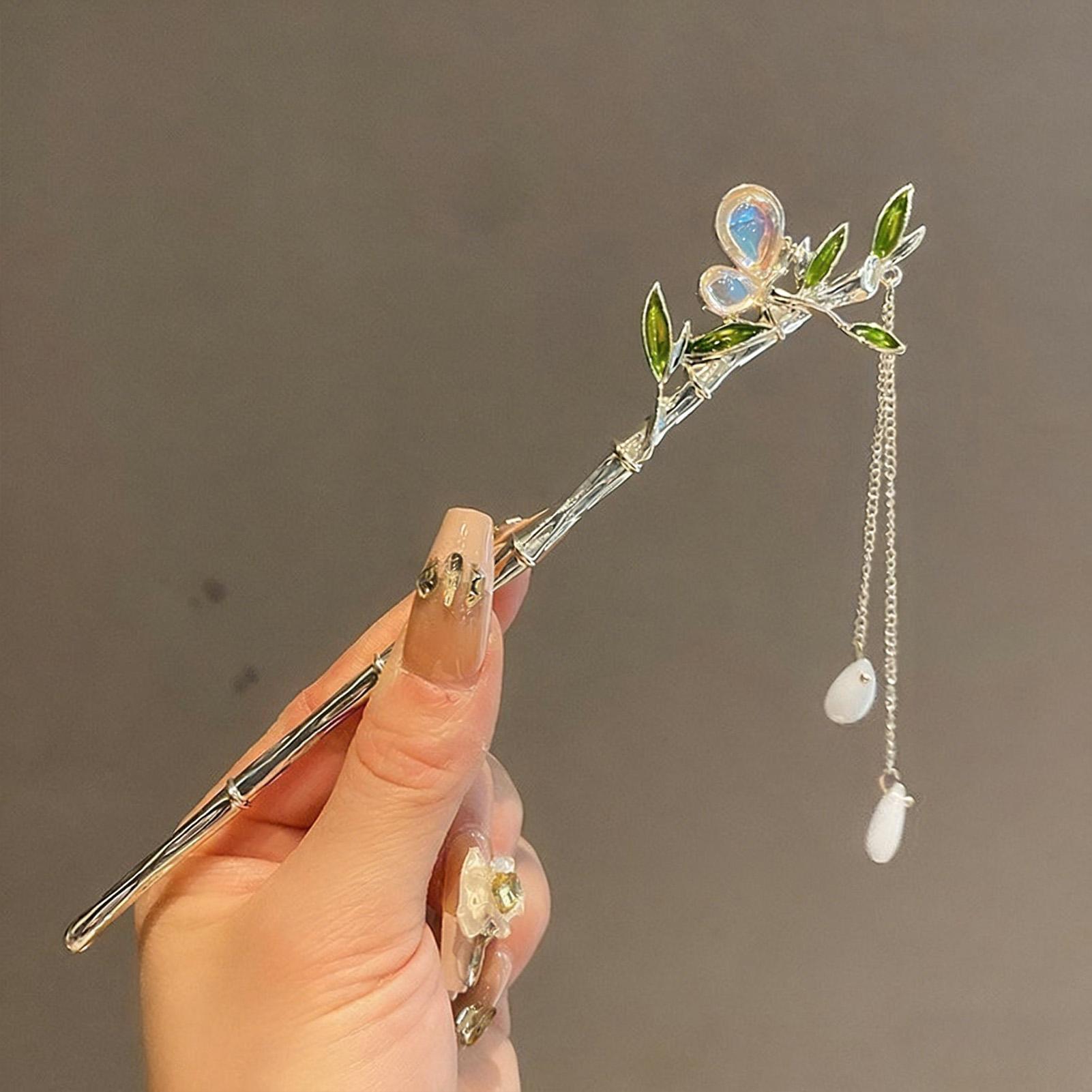 Hairpin For Women With Bamboo Design And Cat-Eye Stone Decoration In Green Leaf Gold