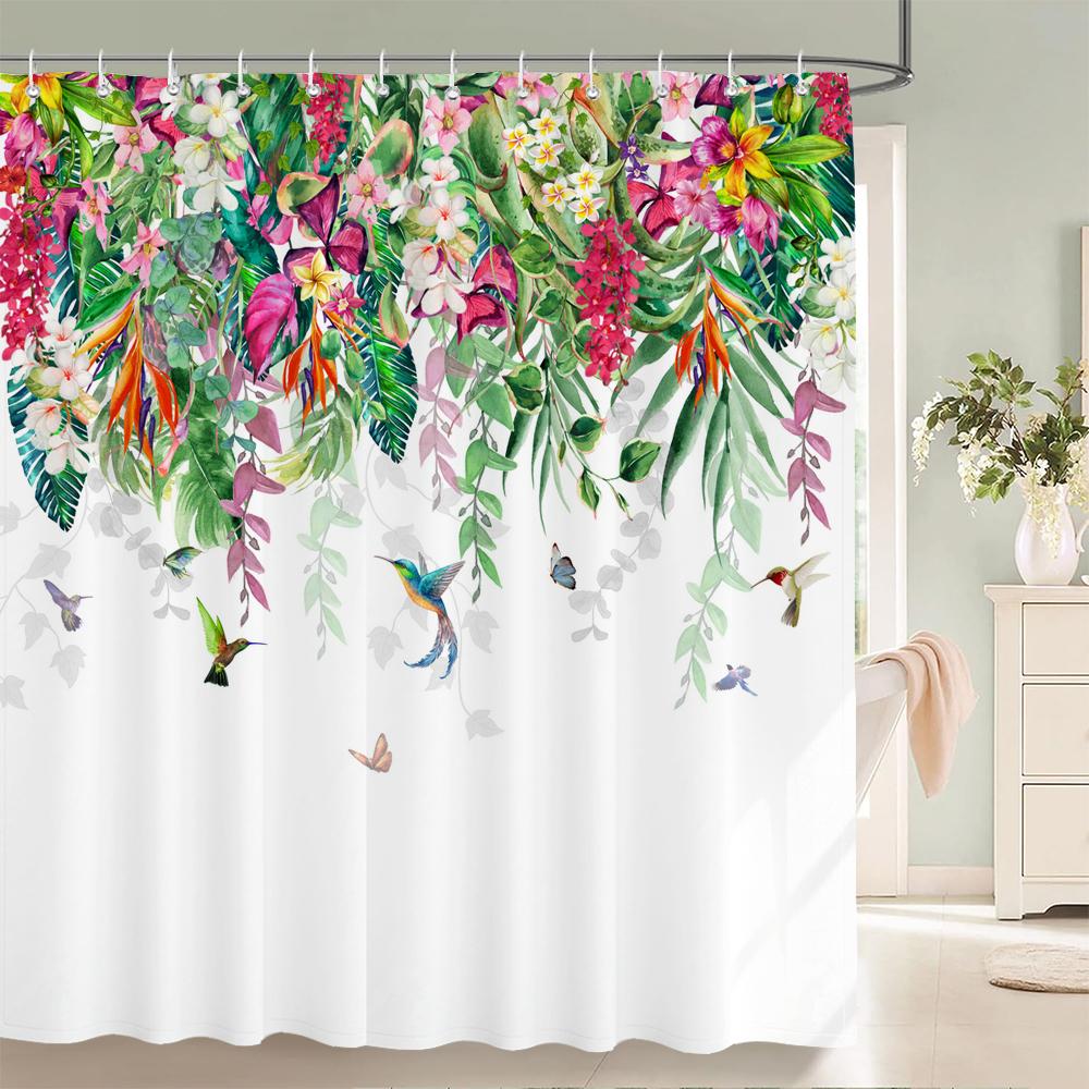 Flowers Butterfly Pattern Shower Curtains Bathroom Curtains Waterproof Polyester Bath Curtain with 12 Hooks Shower Curtain