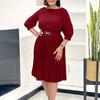 New Women's Clothing - Stylish and Elegant Round-neck, Three-quarter Sleeve Pleated Dress