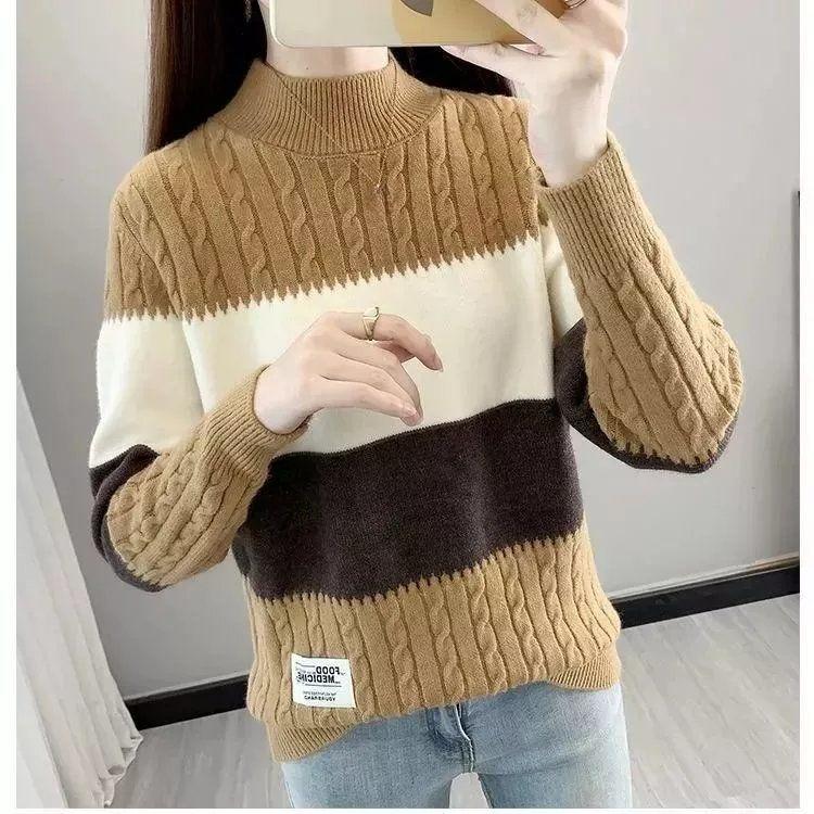 Half Turtleneck Knitwear for Women Loose Thickened Color-blocked Sweater Autumn and Winter Casual Top Pullover Winter Knitted Sweater