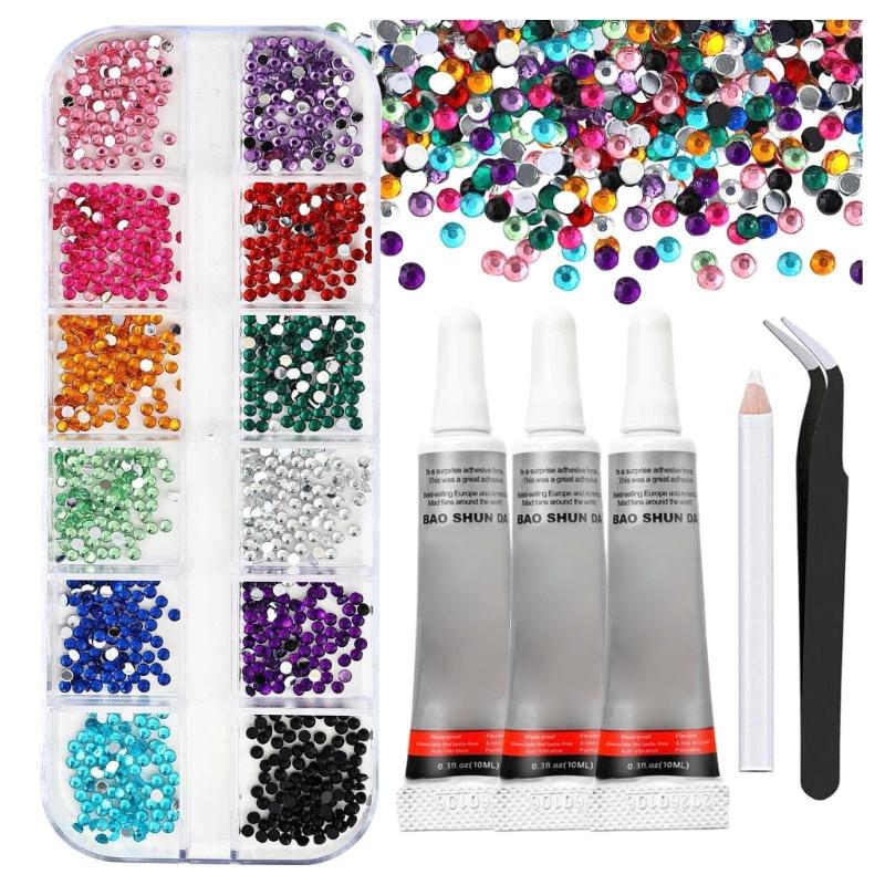 12 Color Transparent Nail Art Rhinestones Kit With 6 Shapes For DIY Manicure Includes Tweezers And 3 Glues