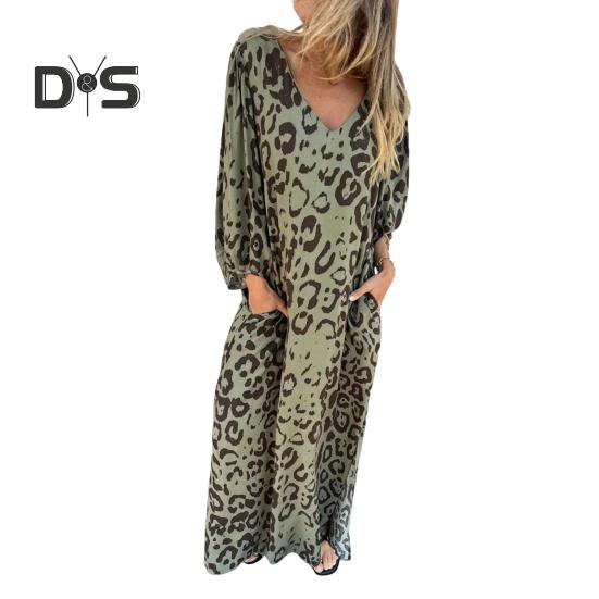 Women's Leopard Print Dress V-Neck Long Sleeve Maxi Dress Casual Loose Fit Spring Summer Dress for Office Daily Wear Vacation Party