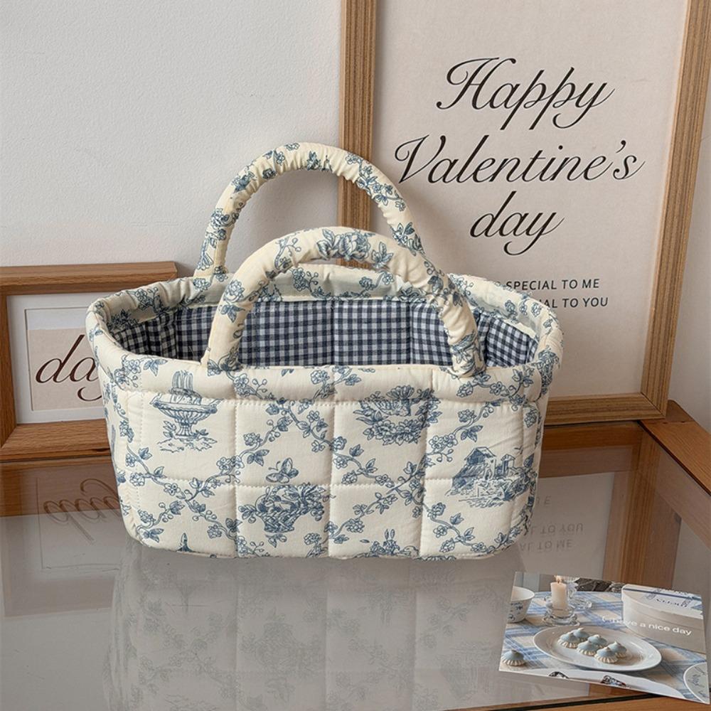Hand-held French Vine Handbag Printed Floral Organizers Basket Laundry Storage Basket  Home Office