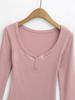 Spicy Girl Ribbed Peach V-neck Buttoned Slimming Long-sleeve T-shirt for Women - Spring 2025 Collection