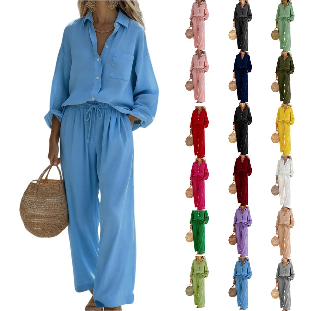 Fashion Women's Color Set, Women's Imitation Cotton And Linen Loose Long Sleeved Top Set, Women's