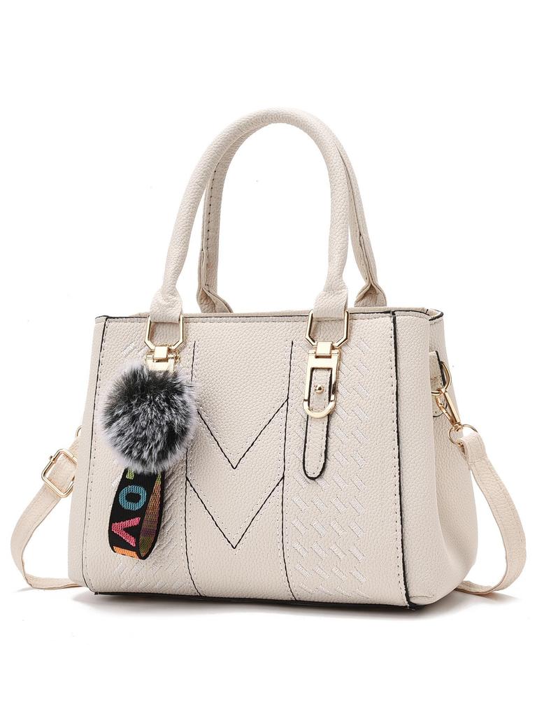 2024 New Korean Style Fashion Embroidered Women's Handbag with Large Capacity and Pom-Pom Pendant