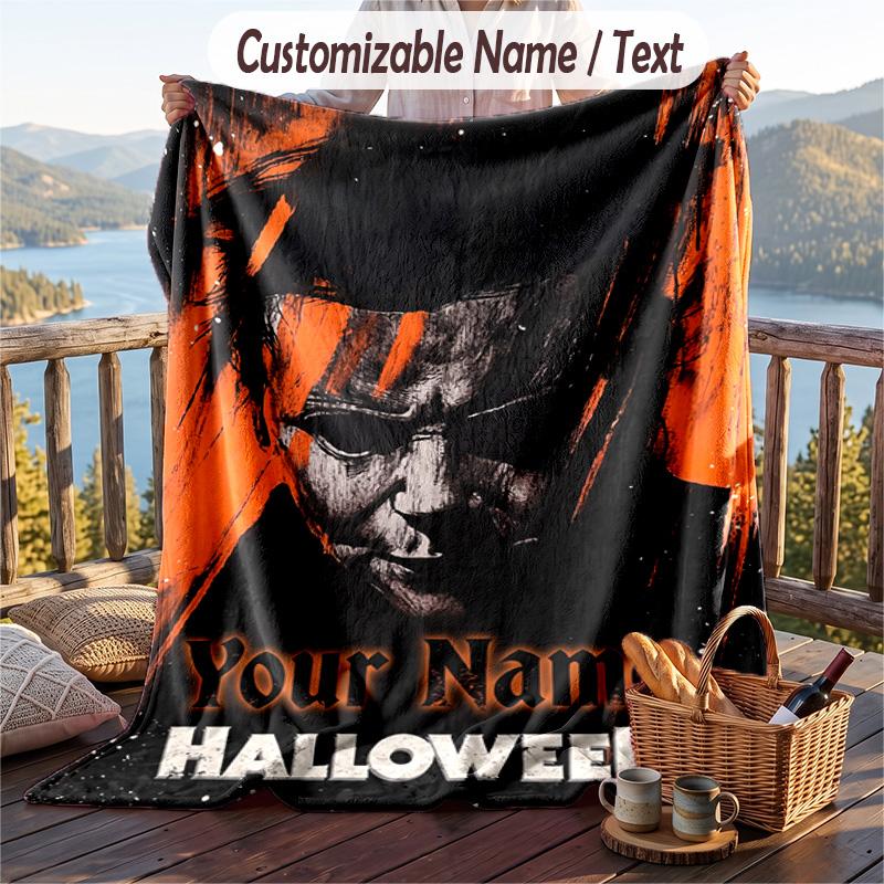 Custom Text Flannel Throw Blanket, Lightweight Cozy Bed Sofa BlanketHalloween Michael Myers