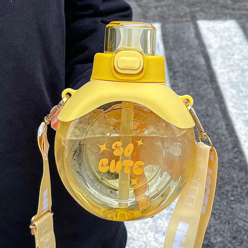 500ML Transparent Flat Water Bottle With Straw BPA Free Cute Summer Portable School Children Fall-proof Plastic Cups
