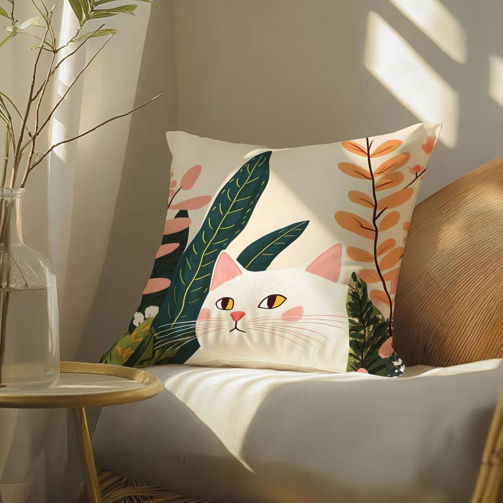 Cute Cartoon Cat Patterns Pillow Case Double-Sided Plush Sofa Cushion Covers Organic Breathable Invisible Zipper