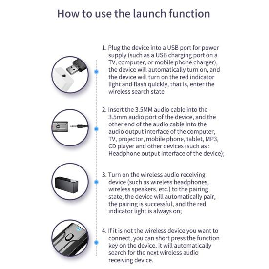Portable USB Bluetooth-compatible 5.0 Adapter Stereo 3.5mm AUX Audio Receiver Transmitter