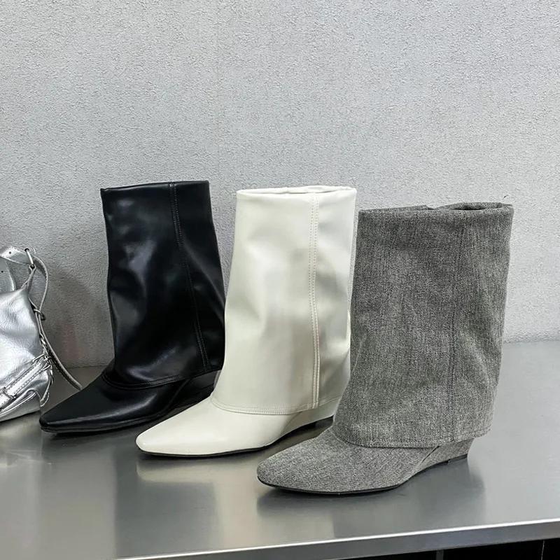 Fashion Eilyken Autumn Wedges Heels Women Ankle Boots Fold Pointed Toe Shoes Modern Short Booties Zapatos De Mujer