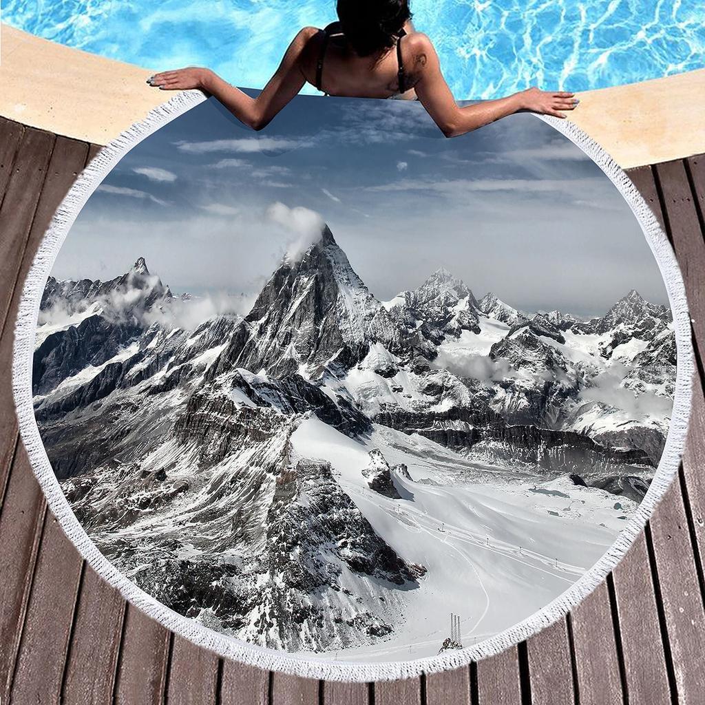 Snow Mountain Round Beach Towel Microfiber Nature Scenery Beach Blanket Absorbent Quick Dry Sand Free Bath Towel Picnic Yoga Mat