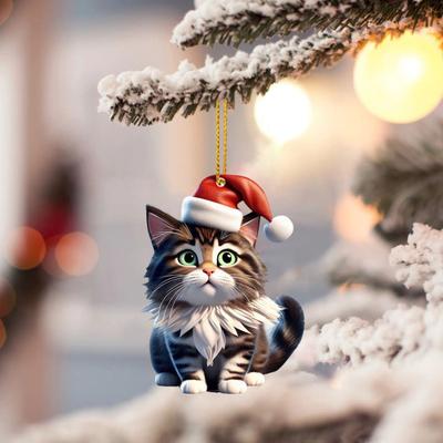 Christmas Cat Ornament 2D Acrylic Cute Cat Xmas Tree Pendant Cartoon Cat Hanging Accessories for Tree Car Window Decor