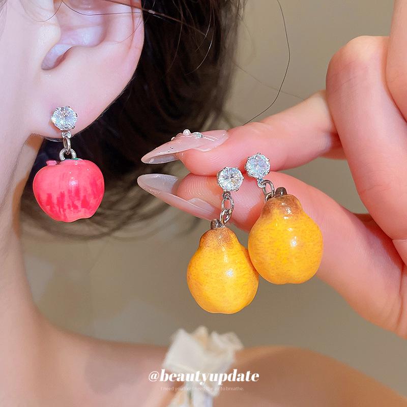 Silver Zircon Resin Apple Pear Earrings - High-End Niche Fashion for Women