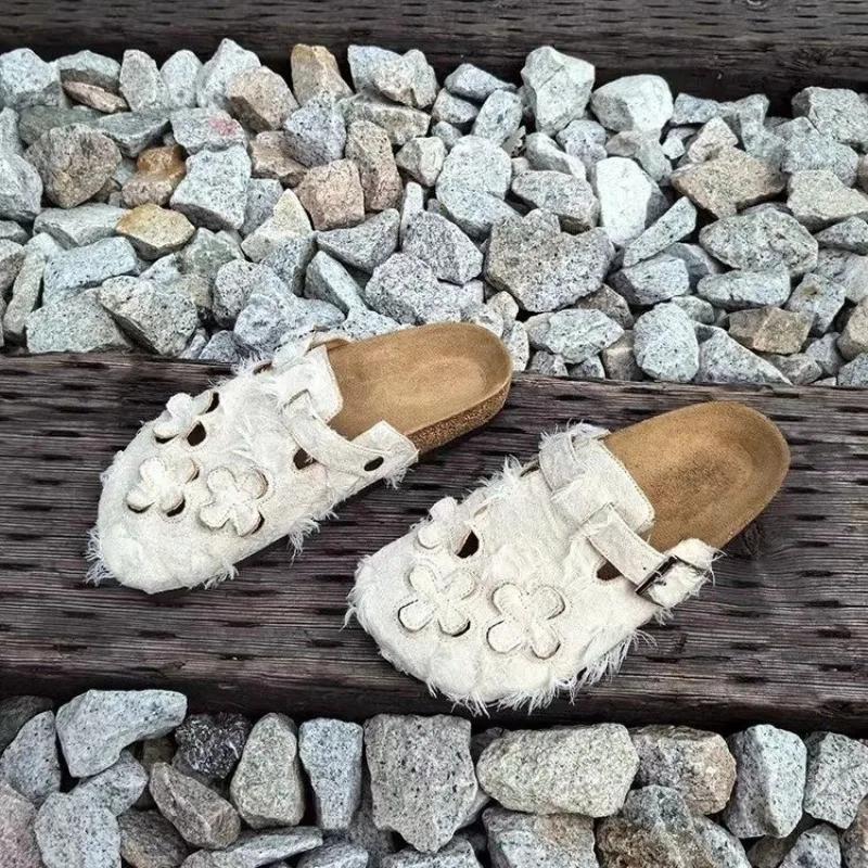 Fashion 2025 Spring Fashion Buckled Decorated Toe-cap Suede Slippers Closed Toe Solid Color Low Heel Novelty Women's Mules Large Size