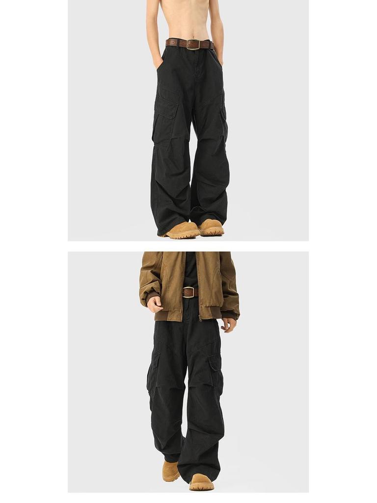 Men's Mylar Brown Cargo Pants: American Retro Multi-Pocket, Autumn/Winter CleanFit Micro-Flare Jeans