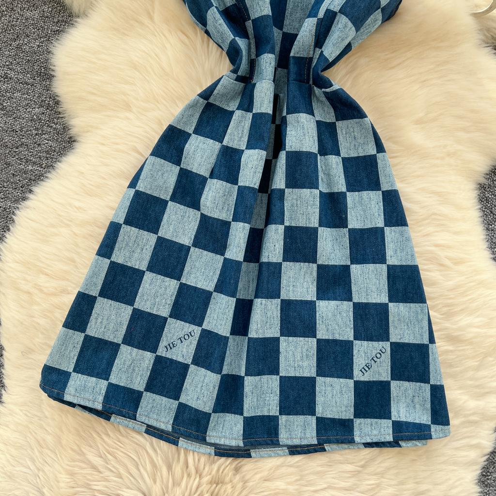 Summer Women Vintage Spaghetti Strap Designer Plaid Denim Party Mini Short Dresses