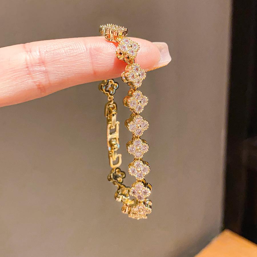 Gold-Tone Gemstone & Clover Bracelet, Colorful Zircon Link Jewelry,Vintage Multicolor Gemstone Bracelet, Sapphire & Ruby Crystal Beaded Wristband