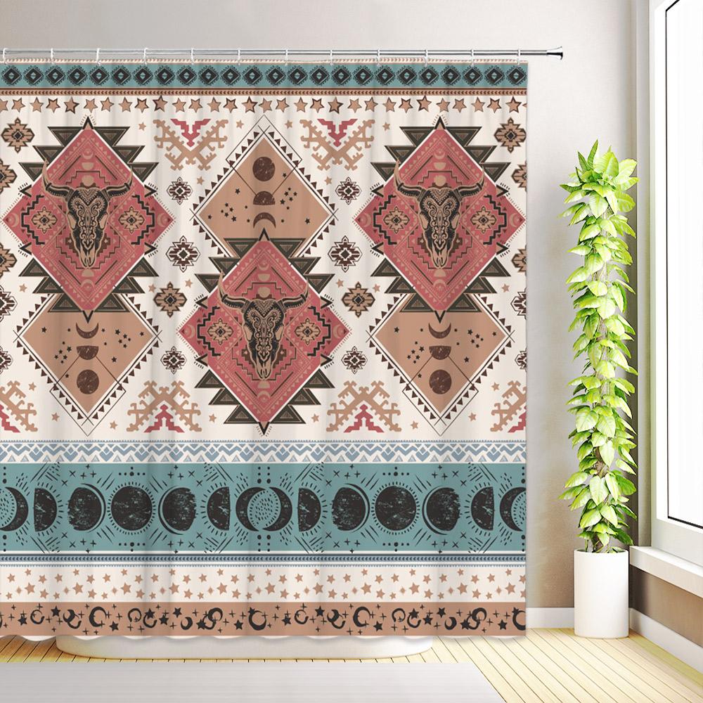 Западная Ацтекская Занавеска для Душа Бохо Эстетика Абстрактная Геометрическая Кактус Череп Быка Цветочное Растение Декор для Ванной Комнаты с Крючками 35x70inch-90x180cm