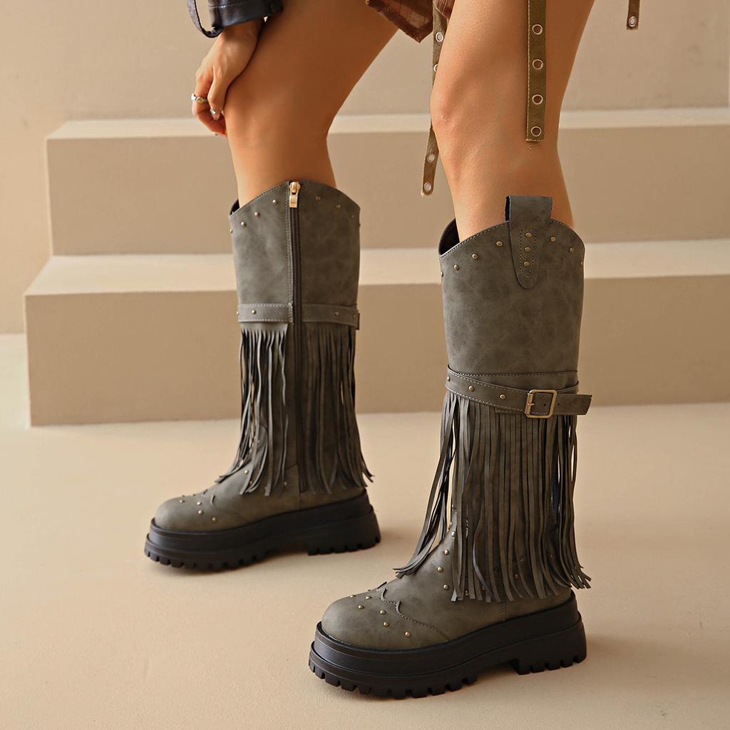 2025 Autumn and Winter Europe and the United States New Belt Buckle Knight Boots Rivet Belt Buckle Foreign Trade Large Size Medium Boots