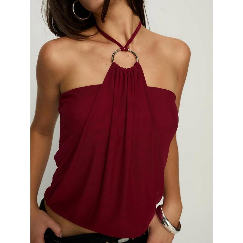 Damen Neckholder Mesh Uni Crop Cami Top