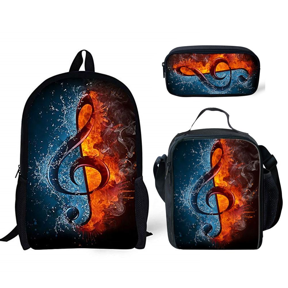 Klassiek Populair Klassiek Grappig Muzieknoten 3D Print 3 stuks/Set leerling Schooltassen Laptop Dagrugzak Rugzak Lunchtas Etui gray