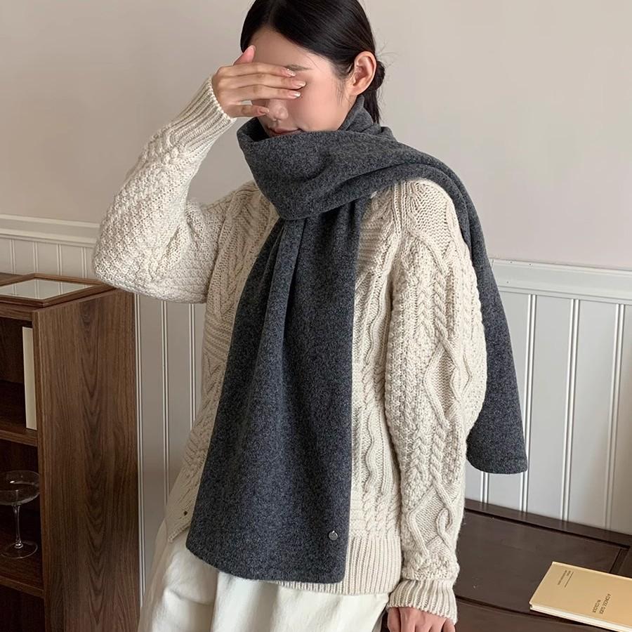 Korean Style Funi Blue Wool Blended Knitted Scarf for Women Winter Warm and Windproof Fashion Versatile Solid Color Scarf