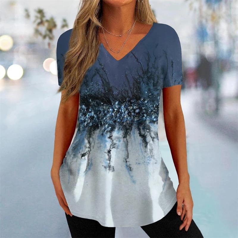 Sommer Damen T-Shirt 3D-Blume Bedruckte Kleidung Schönes V-Ausschnitt Kurzarm T-Shirt Trend Mode T-Shirt für Damen Straße