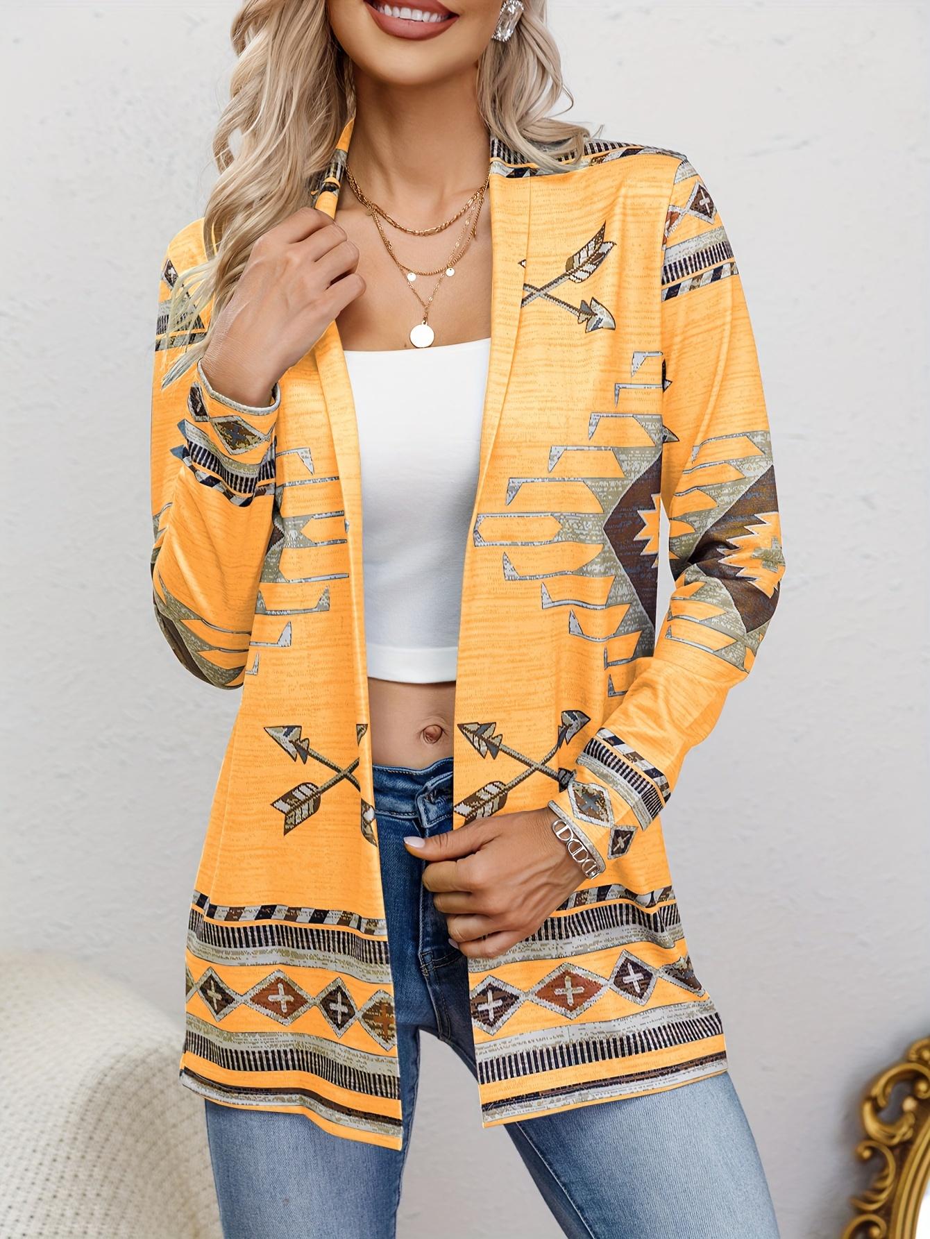 

Western Ethnic Print Open Front Cardigan, Casual Long Sleeve Loose Cardigan, Women S Clothing S