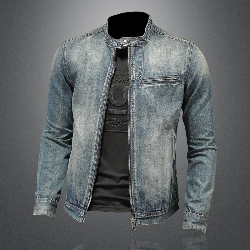 New Fashion Slim Fit Bărbați Gât în ​​picioare Fermoar Jachetă Harley Motocicletă Denim Jachetă Bărbați